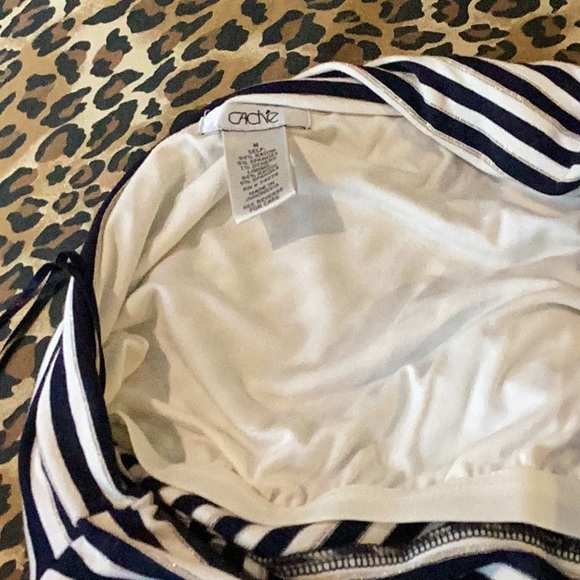 Cache Vintage Navy, White & Gold Striped One-Shoulder Top w/ Gold Buckle - Picture 9 of 11